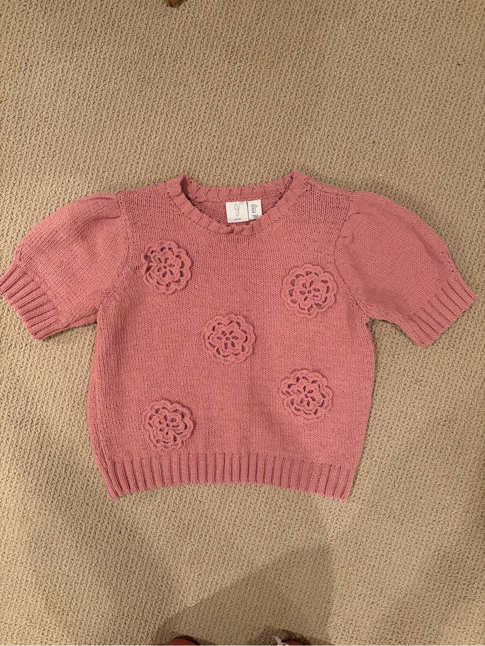 Joie Dusty Pink Knit Top with Scalloped Neck and Knit Rosettes